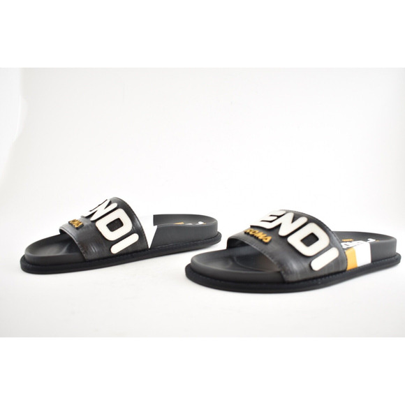 Fendi Mania Fila Black Coated Canvas FF Logo Mule Slide Flat Flip Flop Sandal 37 - Picture 10 of 12